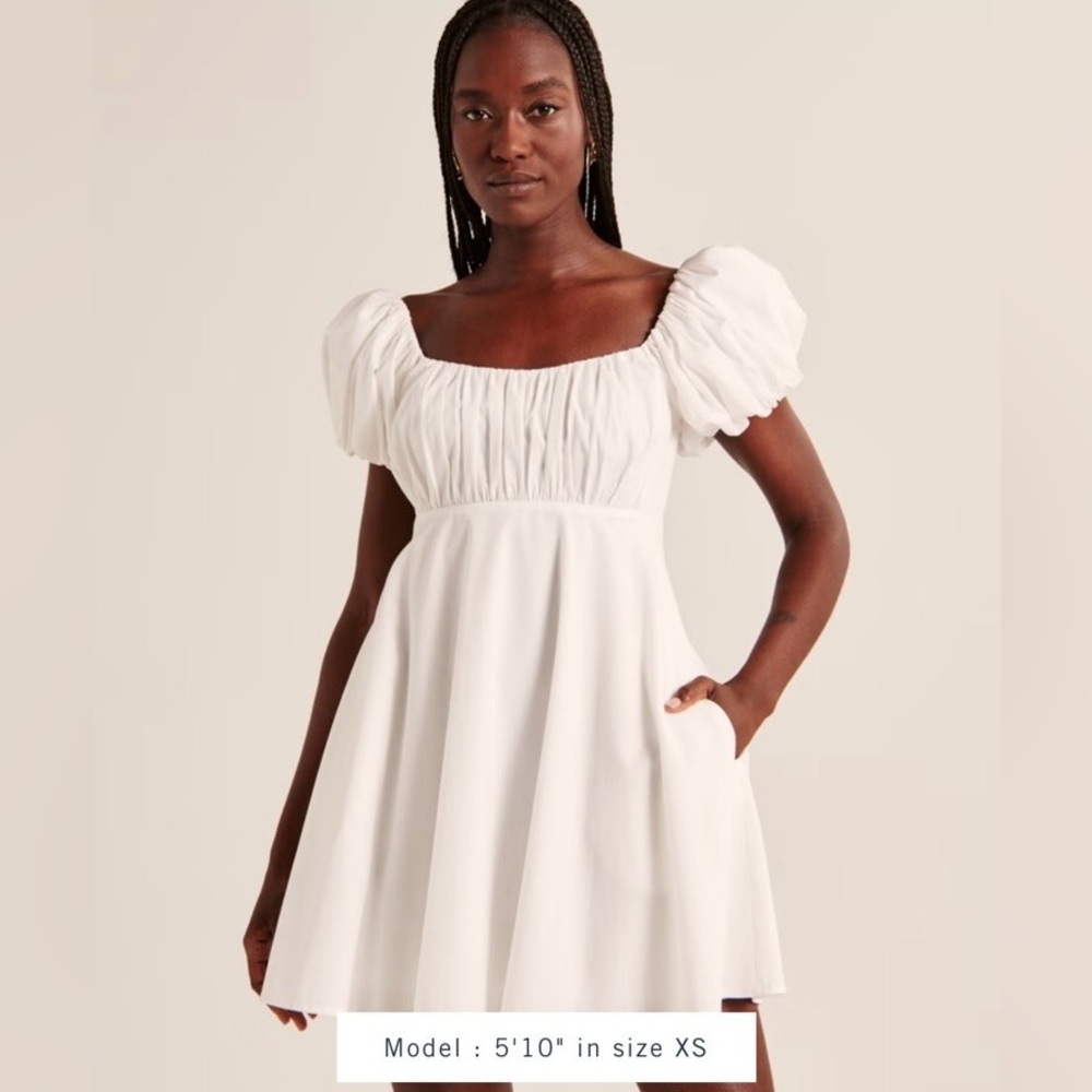 Puff-Sleeve White Mini Dress - MEDIUM TALL